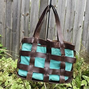 Lands' End Shoulder Hand Bag Purse Brown Woven Basket Leather w/Blue Canvas